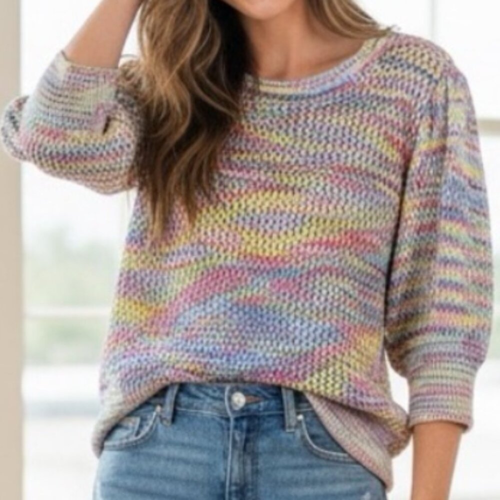 Pastel Rainbow Design History Open Knit Puff Sleeve Pullover Sweater Size L Larg